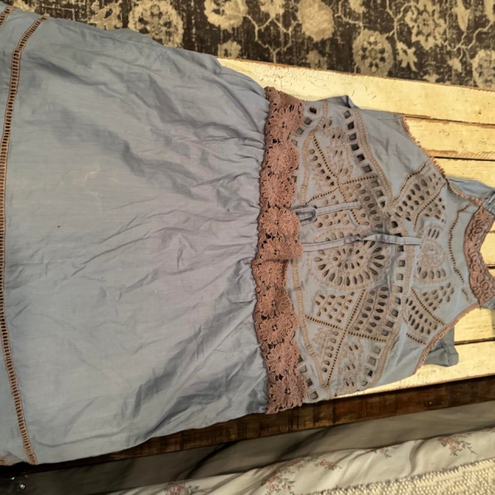 Ryu Blue Crochet Lace Eyelet Boho Mini Dress Small Sleeveless Halter Back Tie